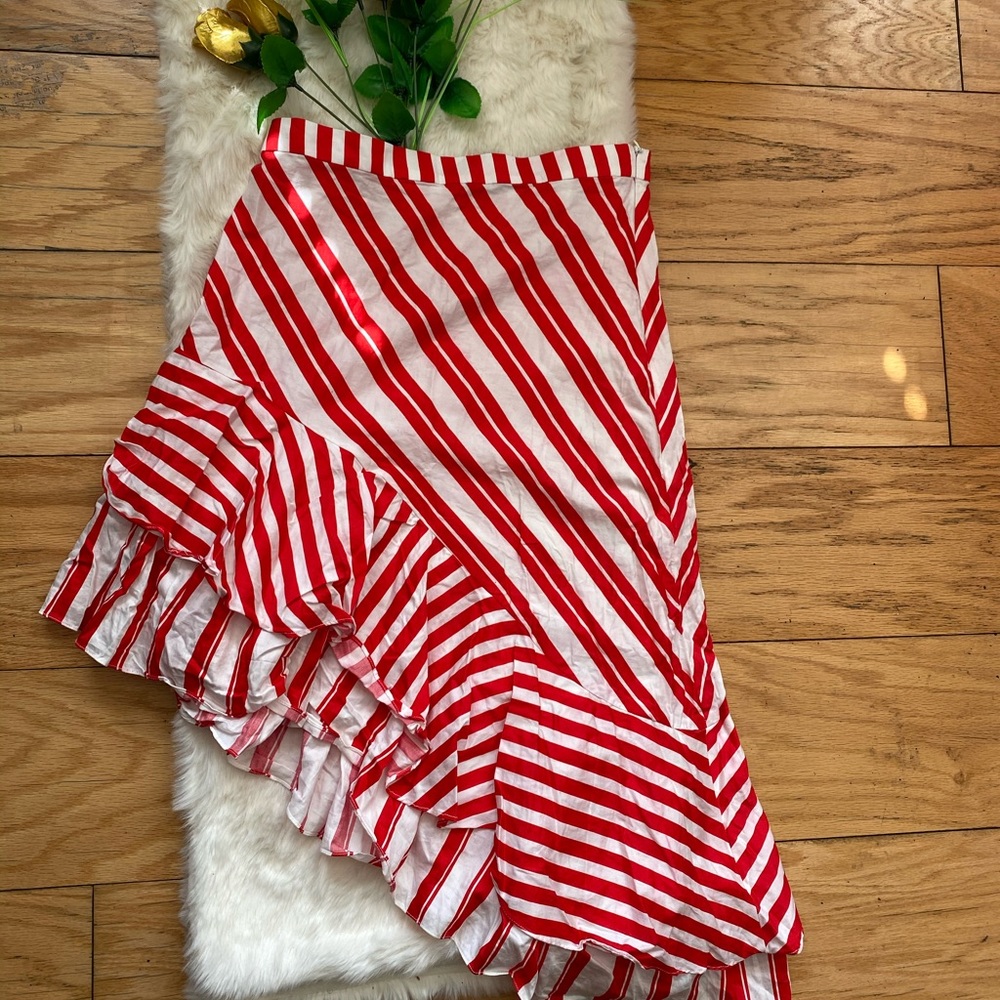 ZARA red & white striped asymmetrical skirt
